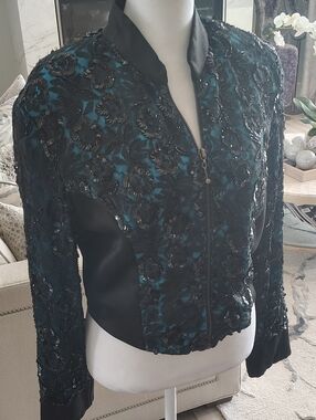 Vintage Modi Black & Teal Rose Lace Sequin Embellished Cropped Bomber Jacket